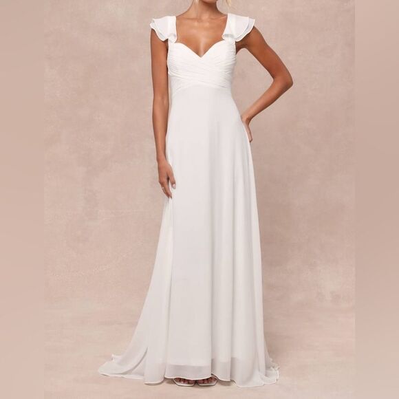 NWT Lulus Heavenly Romance White Pleated Flutter Sleeve Lace-Up Maxi Dress XL - Picture 1 of 13